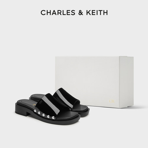 CHARLES&KEITH夏季女鞋SL1-71900004-1方头铆钉牛皮一字外穿拖鞋