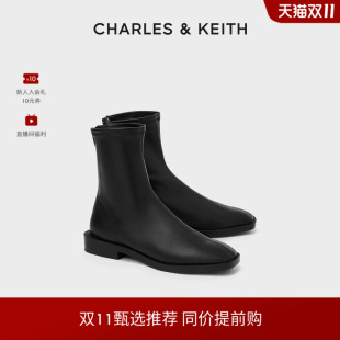 CHARLES＆KEITH秋冬女鞋 90900090女士复古方头拉链低跟短靴女 CK1