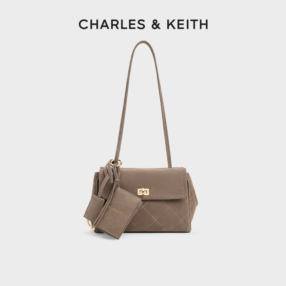 CHARLES&KEITH26冬新款CK2-30151763-1绒面菱格卡包挂小号腋下包