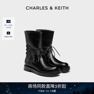 CHARLES&KEITH春季 90920164圆头厚底系带拉链短靴骑士靴 女靴CK1