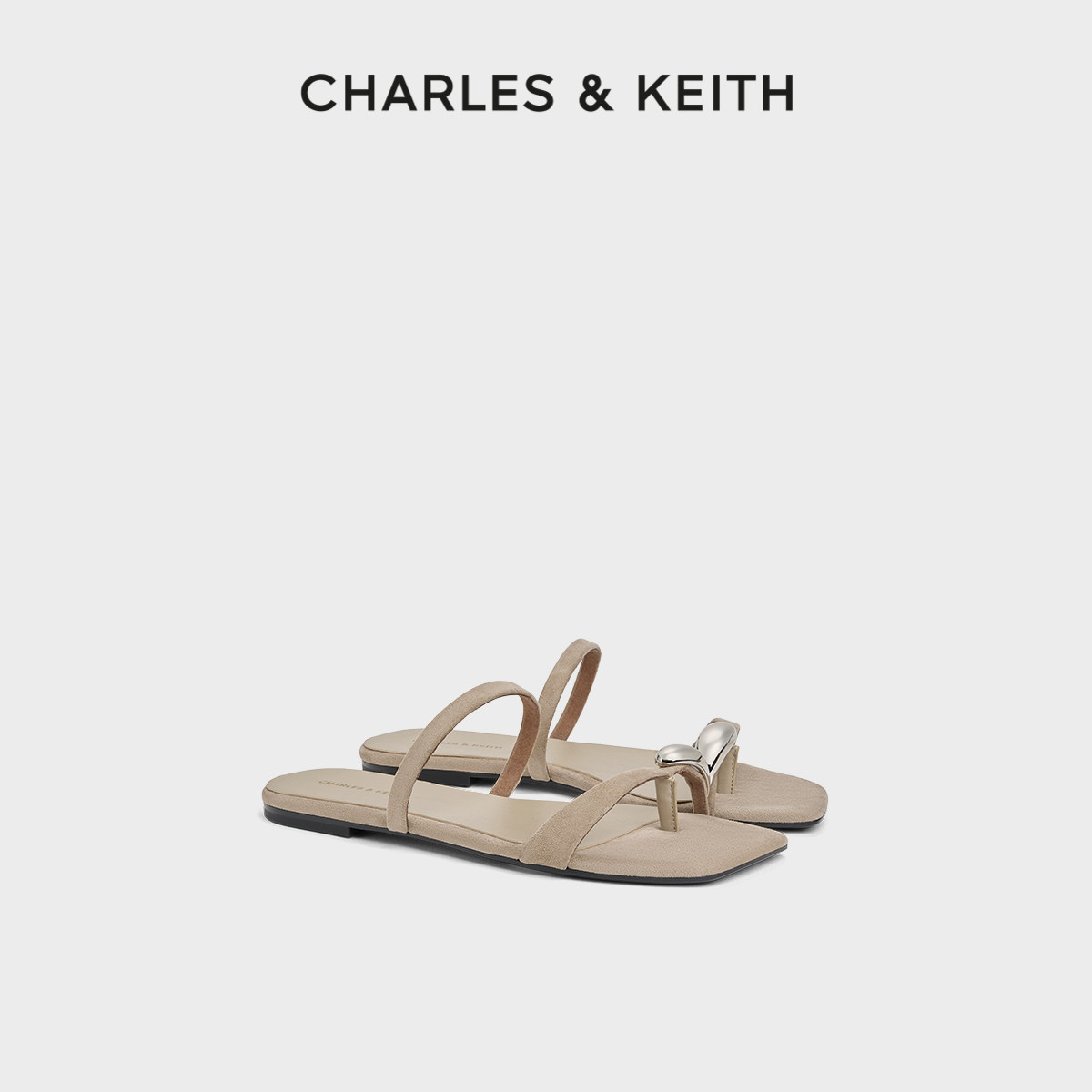 CHARLES&KEITH26夏季新款CK1-70381232复古方头夹趾平底凉拖鞋