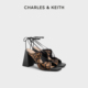 拖鞋 CHARLES&KEITH26春季 61720065真皮豹纹方跟细带凉鞋 SL1 新款