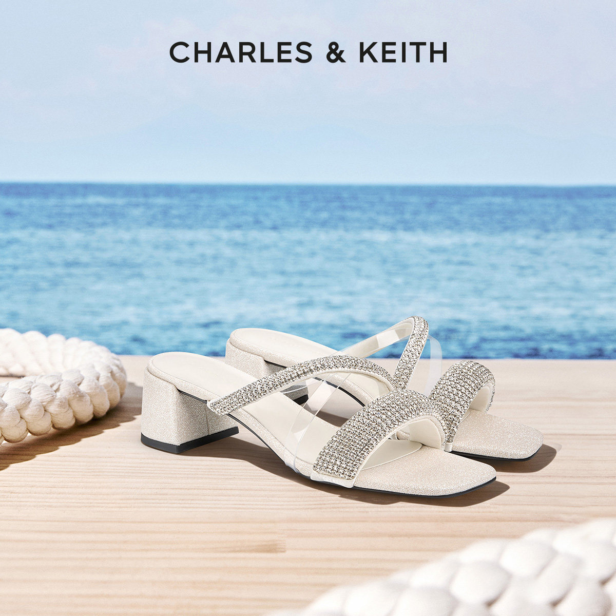 CHARLES&KEITH26夏季新款CK1-61720263闪钻交叉条带粗跟拖鞋凉鞋