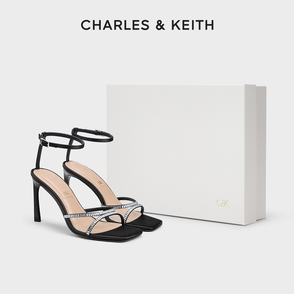CHARLES＆KEITH26春新款SL1-60920058一字带亮钻高跟露趾凉鞋婚鞋