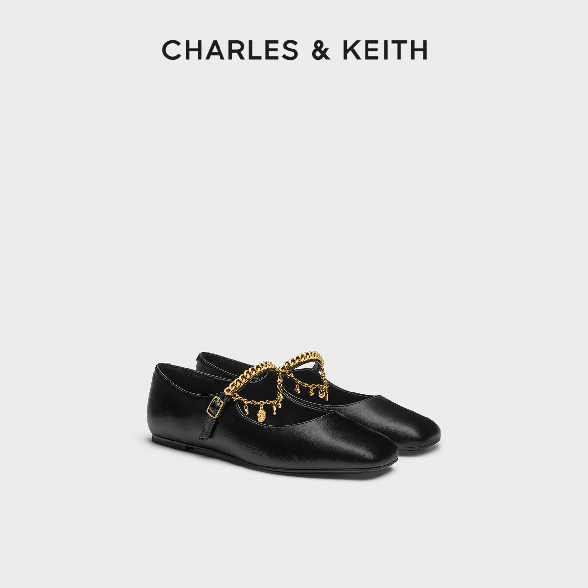 CHARLES&KEITH26秋新款CK1-71720110一字带链条时尚平底凉鞋单鞋