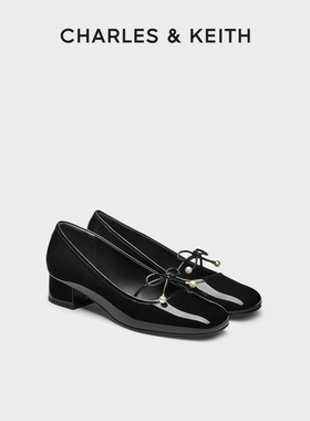 CHARLES&KEITH25冬季新款CK1-60361599粗花呢方跟蝴蝶结玛丽珍鞋