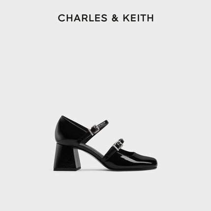 CHARLES&KEITH24春新款CK1-60361494法式粗跟方头一字带玛丽珍鞋