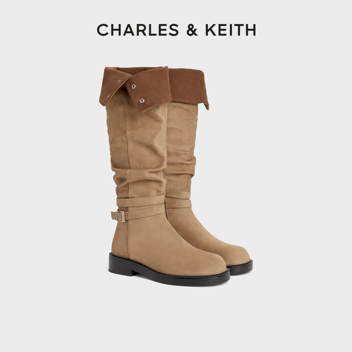 CHARLES&KEITH26冬新款CK1-90380176平底褶皱可翻折长靴堆堆靴