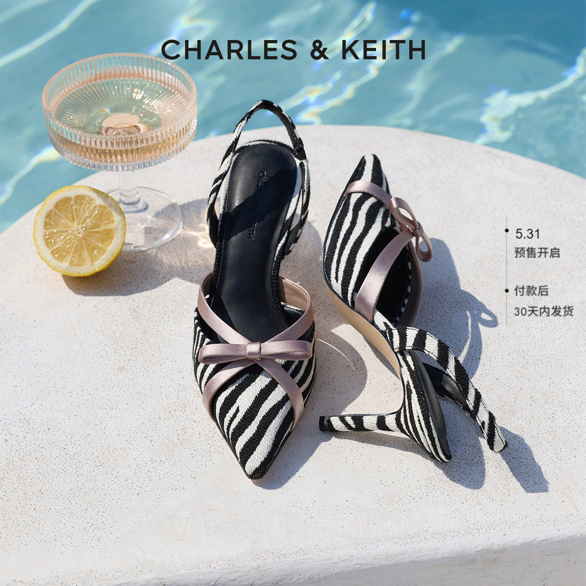 CHARLES&KEITH26夏季新款CK1-60920431尖头蝴蝶结高跟鞋包头凉鞋