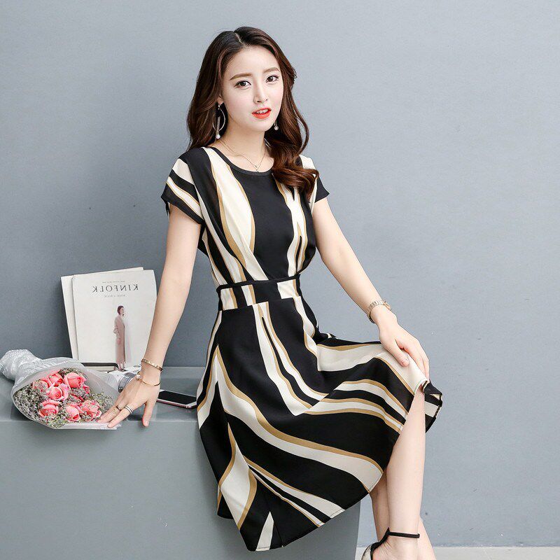 时尚印花连衣裙2019夏季新款圆领短袖修身显瘦短袖A字裙大摆裙潮|ruв категории Женская одежда, женской одежды - от Buy2taobao.com для оказания профессиональной услуги покупки агента Taobao