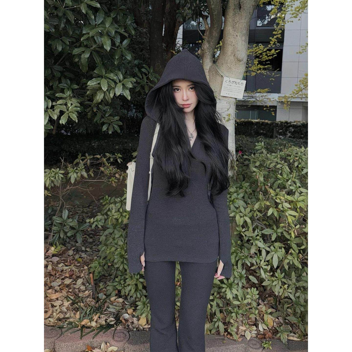 rouje bonjour慵懒黑色连帽卫衣休闲裤运动风修身显瘦高级套装女
