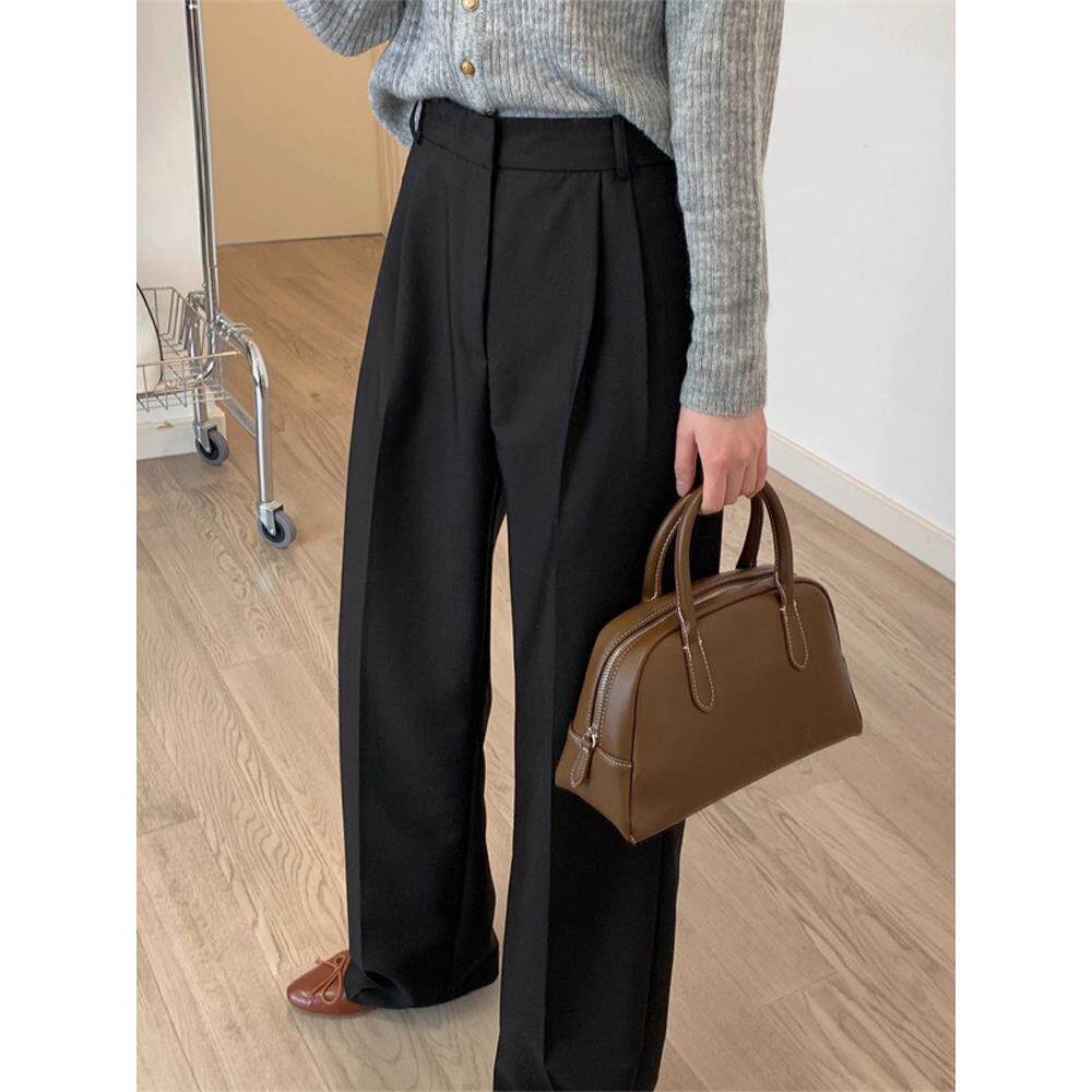 tach damas时尚黑色窄版垂感西装裤女秋高腰直筒休闲通勤显瘦长裤