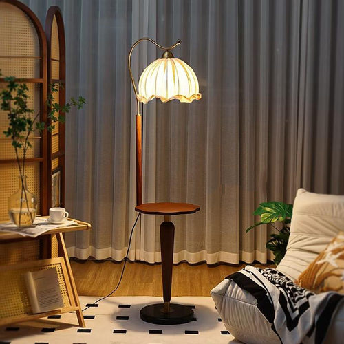 中古实木落地灯复古客厅沙发旁法式轻奢高级感卧室置物架台灯新款