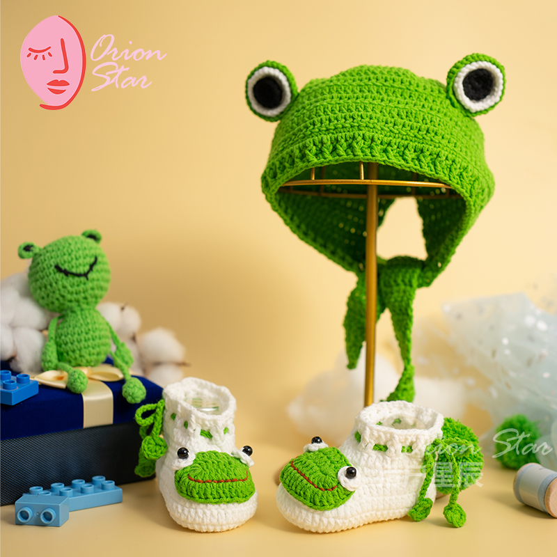 绿色青蛙套装宝宝鞋子帽子a类纯棉透气柔软新生儿婴儿宝宝软底鞋