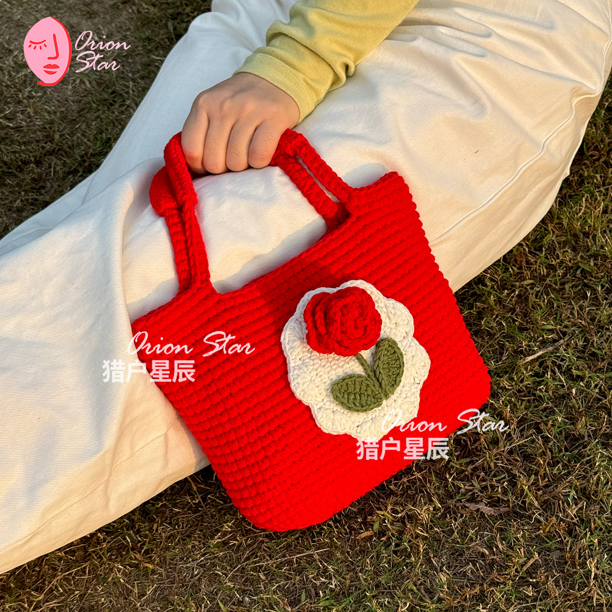 韩版花朵大红色玫瑰花纯手工编织毛线钩织手提包女包ins风情人礼