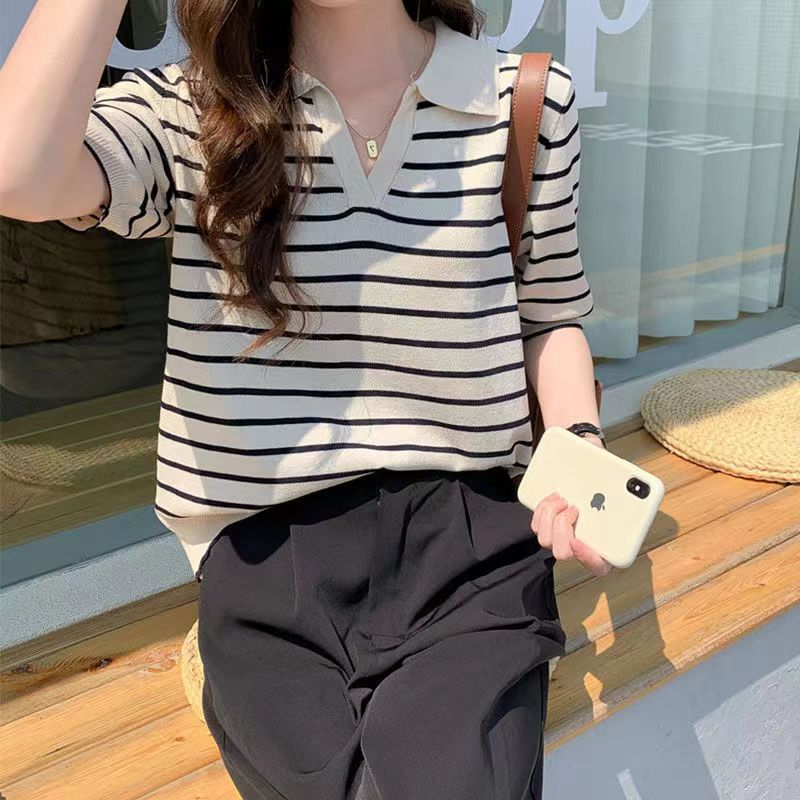 夏季新款polo领条纹针织T恤女2025夏季新款简约韩版翻V领宽松