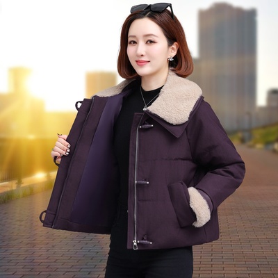 毛领短款羽绒棉服女2025冬季新款小个子中年妈妈棉衣加厚棉袄外套