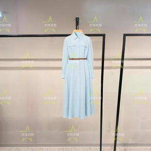 女装2026春新款天丝麻时尚大摆量蓝色翻领女士连衣裙1H2990161-GJ