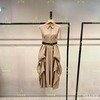 同款定制连衣裙26夏新舒适腰带含垫肩翻领压褶A字裙3262SZ003_DU