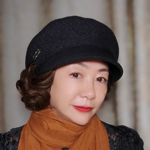 轻奢风假发帽新款 妈妈贝雷帽 一体针织鸭舌帽秋冬显脸卷发画家时尚