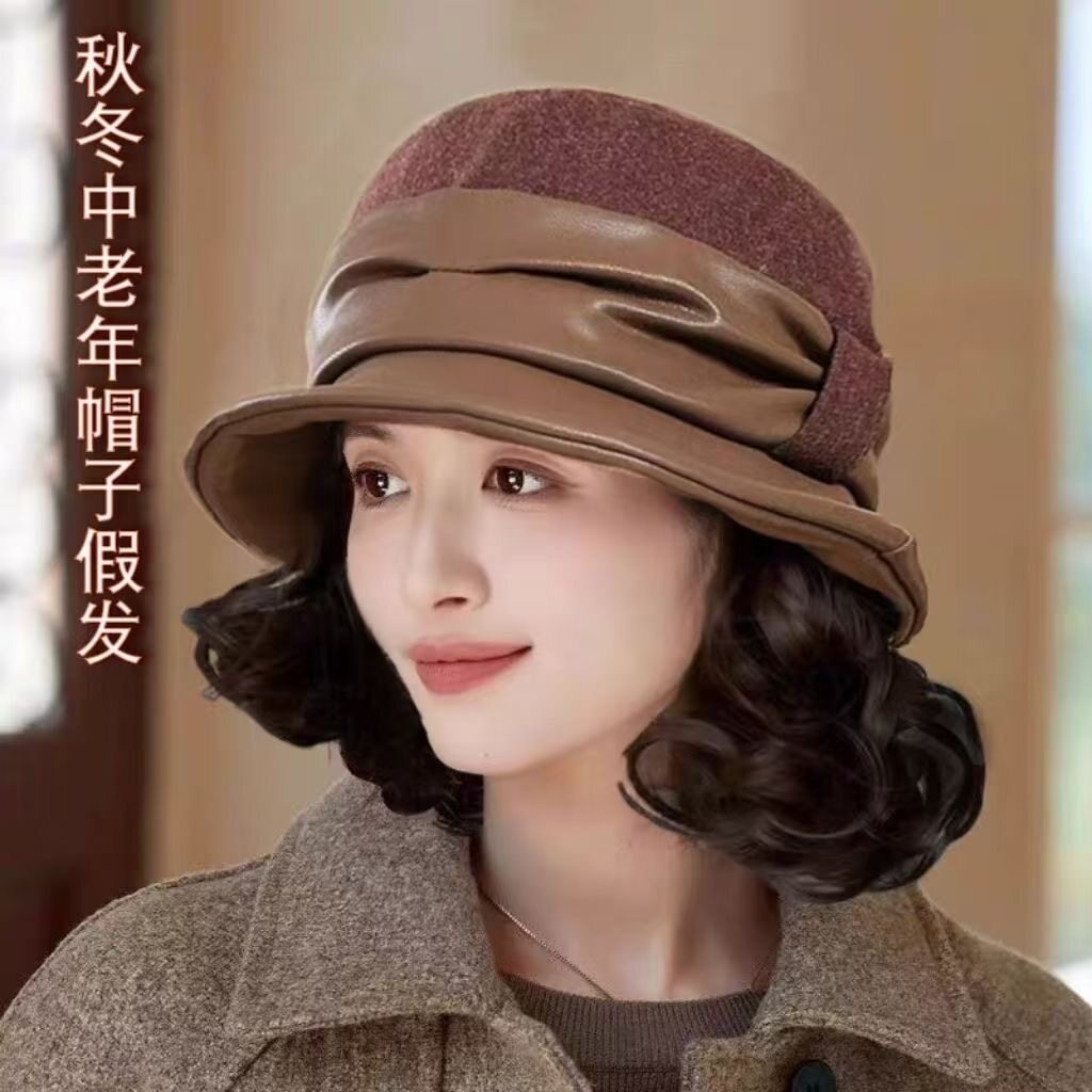 帽子假发一体女秋冬新款拼接皮渔夫帽短卷发梨花卷气质中老年妈妈