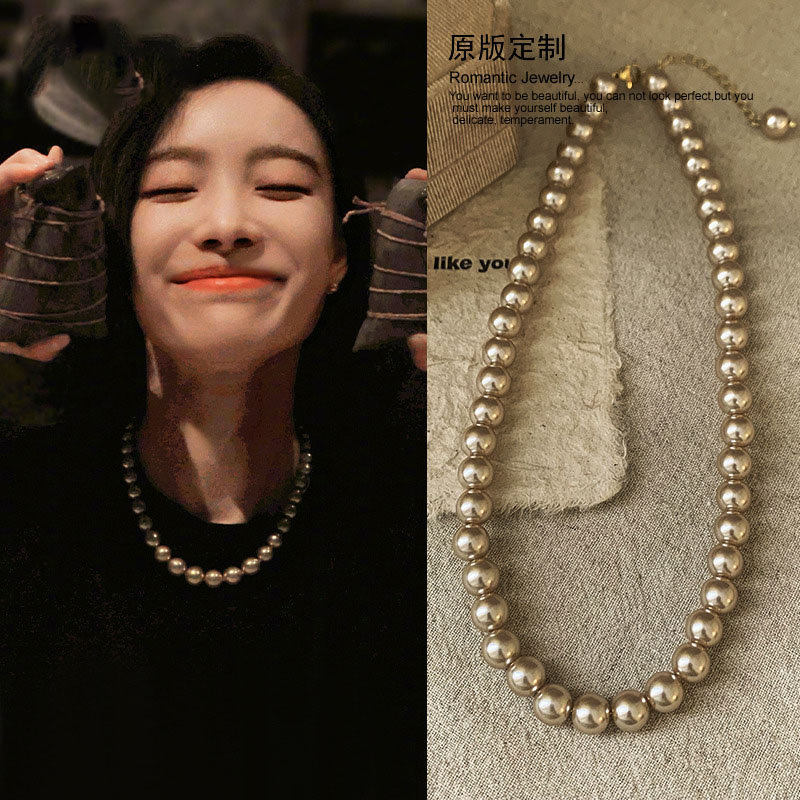 法国珍珠项链灰色香槟色倪妮同款2023新款毛衣链高级
