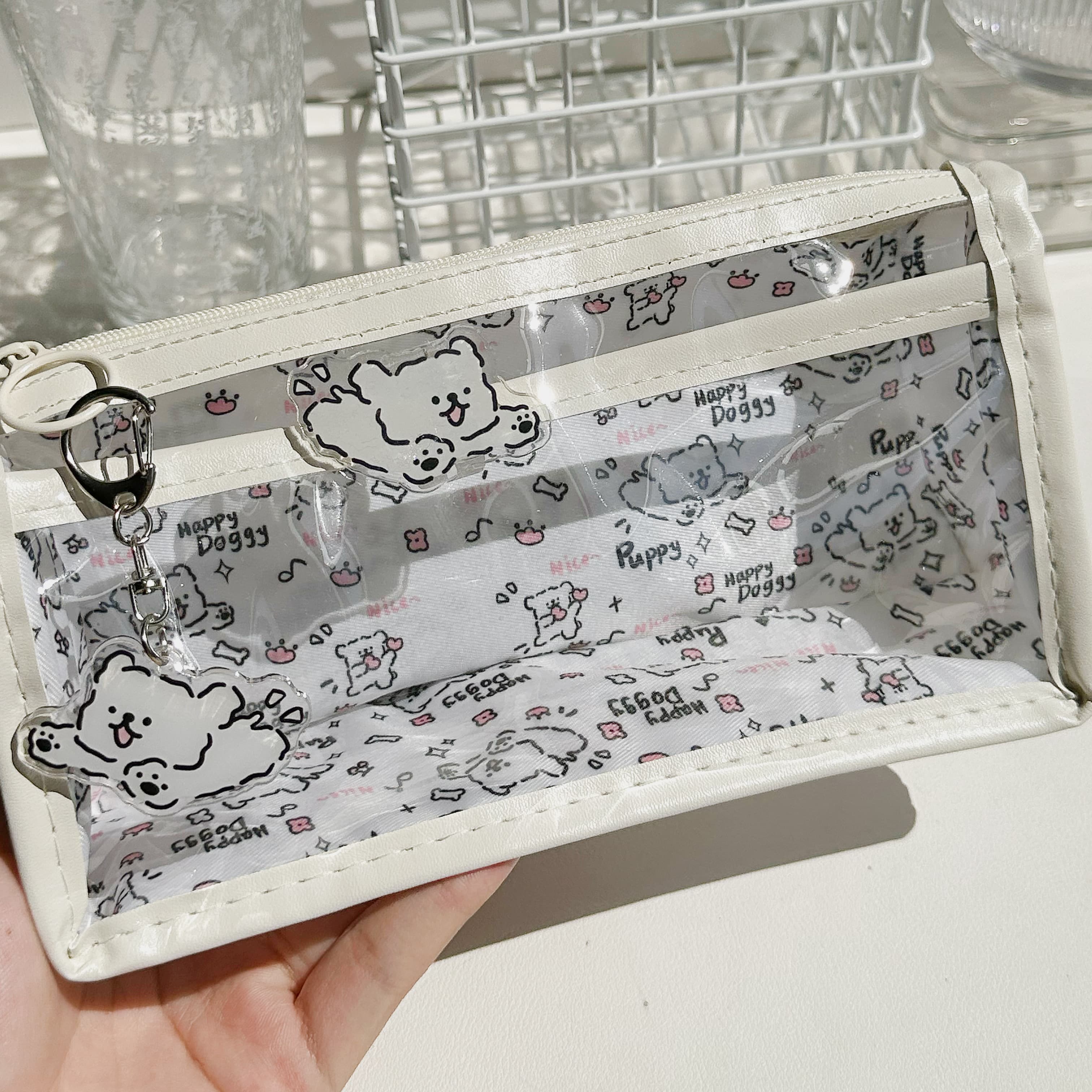 笔袋线条小狗双层透明ins高颜值少女心学生三角大容量文具铅笔盒