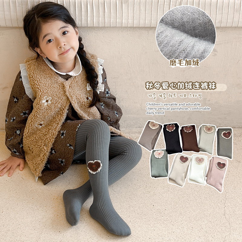 儿童打底裤秋冬季韩版爱心加绒连裤袜竖条女童袜外穿磨毛宝宝袜裤