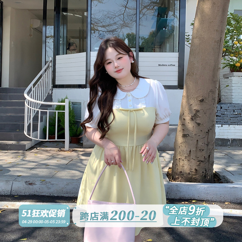 徐达布大码定制黄色连衣裙女2024夏季新款短裙海边度假娃娃领裙子