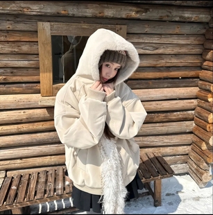 派克服宽松加厚加绒工装 复古座山雕毛领棉服女冬季 外套 美式 衣简衫