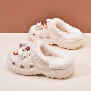 洞洞鞋女2025秋冬季新款厚底防滑两穿加绒保暖棉拖网红时尚毛毛鞋
