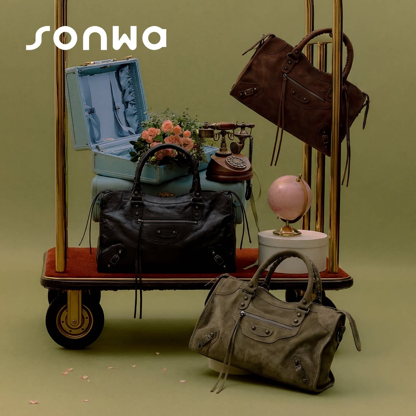 SONWA/巴黎复古机车包 油蜡麂皮铆钉辣妹包 大容量单肩手提斜挎包