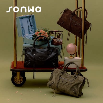 SONWA/巴黎复古机车包 油蜡麂皮铆钉辣妹包 大容量单肩手提斜挎包
