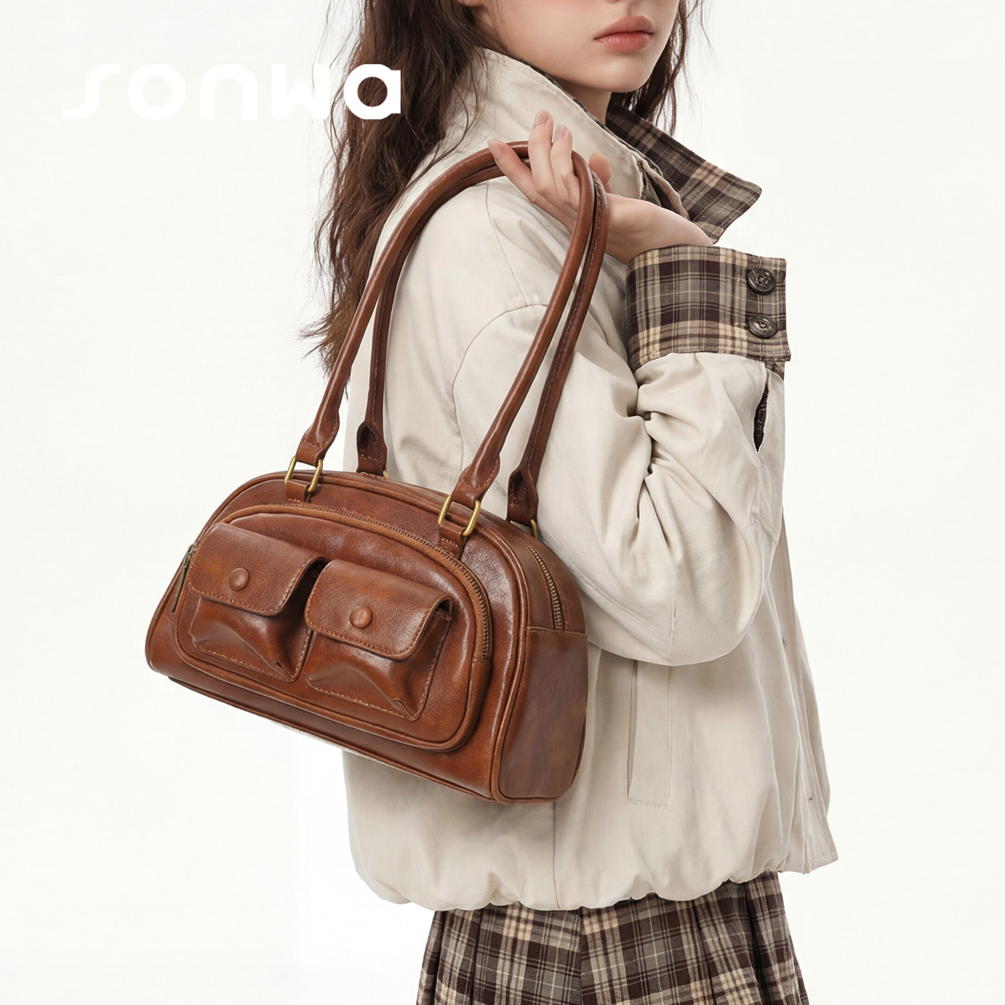 SONWA/原创 可露丽腋下包 复古学院褶皱口袋单肩波士顿保龄球包女,箱包皮具/热销女包/男包,腋下包,淘宝优惠券,粉丝福利购,淘宝优惠卷