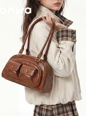 SONWA/原创 可露丽腋下包 复古学院褶皱口袋单肩波士顿保龄球包女