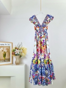 2024年春夏新款 Camilla真丝印花荷叶边背带连衣裙