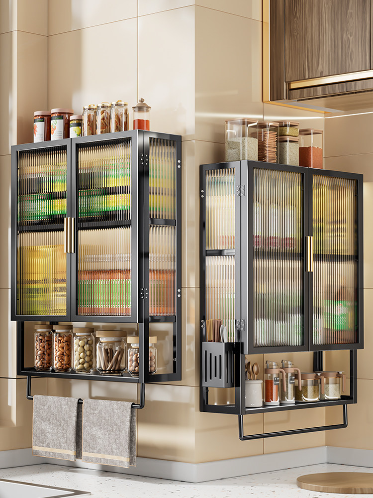 厨房置物架多功能免打孔壁挂式带门多层橱柜防尘调味品碗碟收纳架