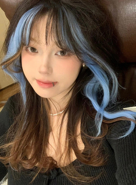 蓝色假发挑染渐变刘海染y2k千禧风全头套女爆顶染日常辣妹长卷发