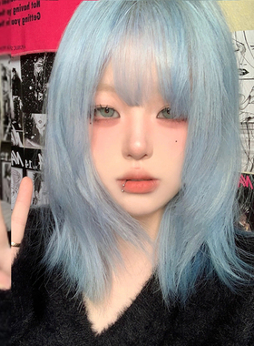 蓝色短发假发修脸女全头套亚文化lolita波波头y2k万用cos彩直发