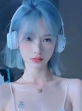 黑色草莓假发女短发蓝色显白波波头发型圆脸修脸减龄自然少女中短