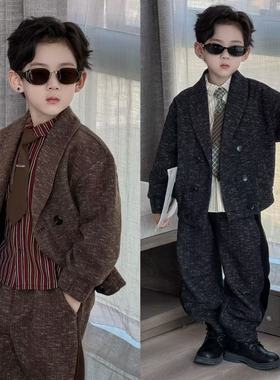 2026年货新款复古港风男童西装套装秋冬绅士洋气毛呢夹克外两件套
