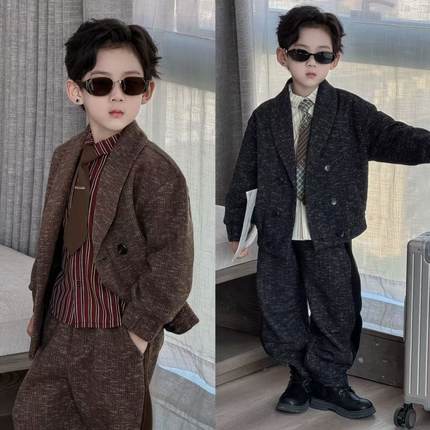 2026年货新款复古港风男童西装套装秋冬绅士洋气毛呢夹克外两件套