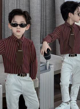 儿童韩版条纹衬衫加绒中大男童装长袖绅士风领带高级感痞帅衬衣