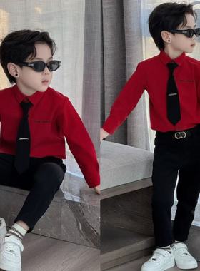 男童加绒衬衫韩版新款童装红色男童长袖百搭领带衬衣过年冬装上衣