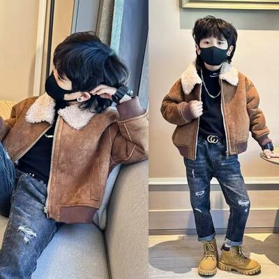 男童皮草冬季新款洋气加厚羊羔毛机车翻领夹克男童装儿童毛毛外套