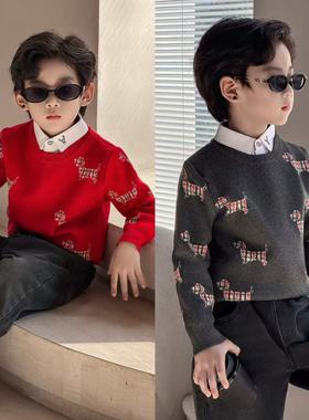 2025新款儿童英伦风小狗提花衬衫领针织衫男童装秋冬休闲毛衣年货