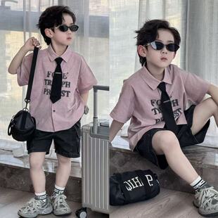 男童学院风领带衬衫2026潮牌中大童装夏季新款帅气短袖儿童衬衣