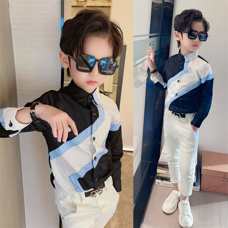 纯棉韩版春秋翻领拼接衬衫