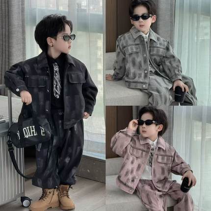 男童时髦休闲套装2025新款中大儿童夹克潮宝宝年货帅气夹棉两件套