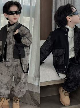 男童扎染工装两件套儿童秋冬加绒加厚立领外套中大童帅气时尚套装